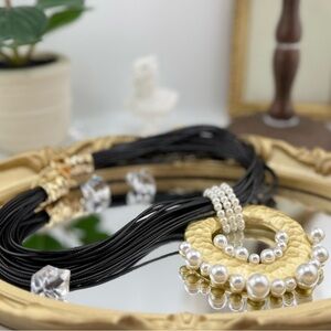 Statement Pendant Necklace | Multi-Strand Black Cord with Gold & Pearl Accents